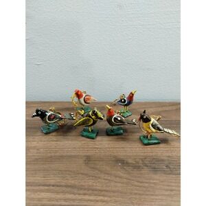 Vtg 6 Bird Tree Ornaments Hand Painted Wood Holiday Decoration Made India Owl (z